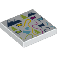 Tile 2 × 2 with Map of Ski Resort with Flags, Trees and Mountains Print White