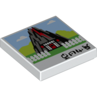 Tile 2 × 2 with Volcano with Red Door, White Picket Fence, Black Asian Characters Print Weiß