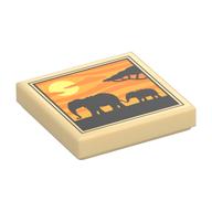 Tile 2 × 2 with Elephants Silhouette, Sunset print Tan
