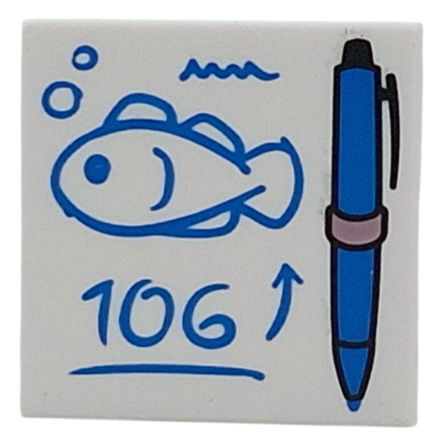 Tile 2 × 2 with Blue Pen, Drawing of Fish, '106' print White