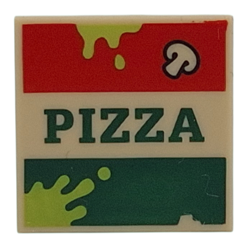 Tile 2 × 2 with Pizza Box, Mushroom, Lime Splotches print Beige
