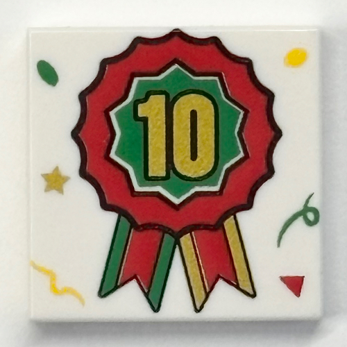 Tile 2 × 2 with Green/Red Ribbon, Gold '10' Print White