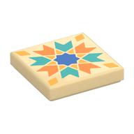 Tile 2 × 2 with Dark Turquoise/Orange Chevrons, Bright Light Orange Diamond, BlieStar print Beige
