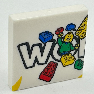 Tile 2 × 2 with 'WO', Minifig, and Bricks Print Weiß