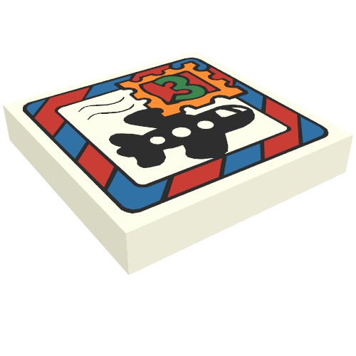 Tile 2 × 2 with Fabuland Mail Envelope, Airplane and '3' Stamp Print White