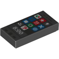 Tile 1 × 2 with Smart Phone Octan, Star and other Icons and '8:00' Print Black