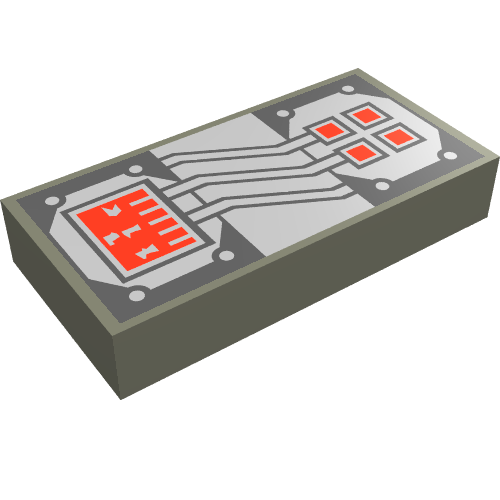 Tile 1 × 2 with Copper and White Circuitry, Red Rectangle and 4 Squares Print Dunkelgrau