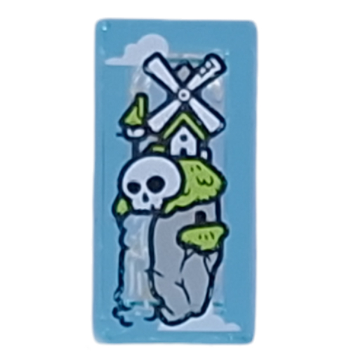 Tile 1 × 2 with Mill, Large Skull, Waterfall on Floating Rock Print in Transparent-Hellblau