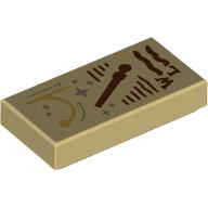 Tile 1 × 2 with Dark brown Wand, Scribbles, 'W', 'L', Silver Stars print Beige