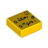Tile 1 × 1 with Smiley Face, List with Writing, and '?' Print Gelb