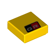 Tile 1 × 1 with Red/Black Square, 'GR' print Gelb