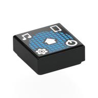 Tile 1 × 1 with Medium Blue Squared Sphere, White Music Note, Gear, On/Off Button, Phone print Black
