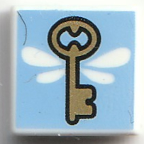 Tile 1 × 1 with Gold Key, White Wings, Bright Light Blue Background print Weiß