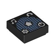 Tile 1 × 1 with Medium Blue Squared Sphere, White Music Note, Gear, On/Off Button, Avatar print in Schwarz