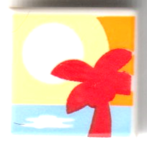 Tile 1 × 1 with Red Palmtree, Medium Blue Sea, White Sunset on Bright Light Orange Background print White