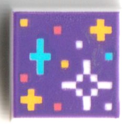 Tile 1 × 1 with Pixelated Bright Light Orange/Dark Azure/White Stars on Dark Purple Background print Weiß