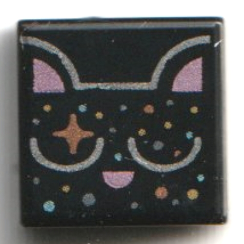 Tile 1 × 1 with Black Cat, Coral Ears, Coral Star, Multi-Colored Dots print Black