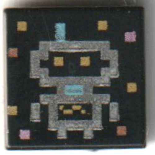 Tile 1 × 1 with Pixelated Silver Robot, Gold Stars print Black