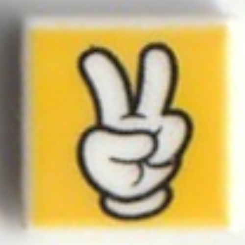 Tile 1 × 1 with Mickey Mouse Glove/Hand, 2 Fingers Up on Yellow Background print Weiß