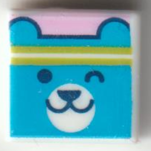 Tile 1 × 1 with Dark Azure Bear with Lime Headband on Coral Background print Weiß