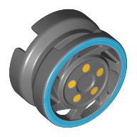 Wheel 11mm D. x 6mm with 7 Slanted Spokes with Blue Rim Edge and Yellow Bolts Print Dark Bluish Gray