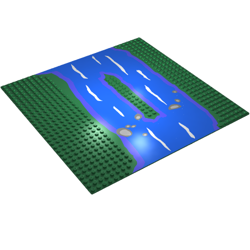 Baseplate 32 × 32 Split with 2 × 14 Center Studs, Island with River Print Grün