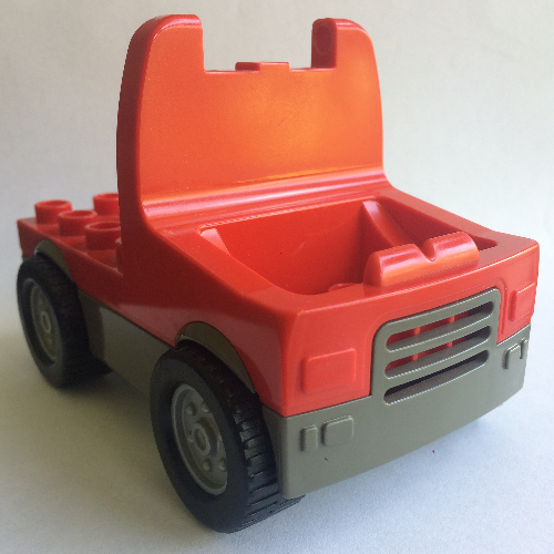 Duplo Truck with 4 × 4 Flatbed Plate, Dark Gray Base and Hubs, Wide Wheels Red