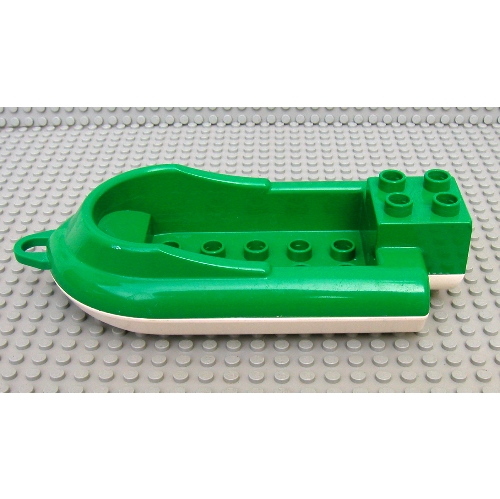 Duplo Boat with Front Towhook, with Raised Lip, 2 × 5 Studs Inside, and 2 × 2 Top Studs, White Bottom Green