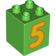Duplo Brick 2 × 2 × 2 with Yellow '5' Print Bright Green