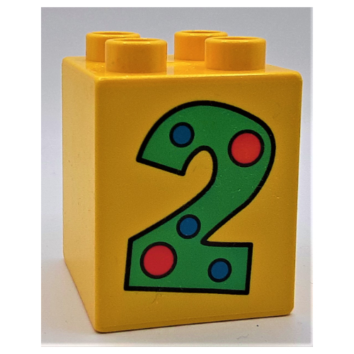 Duplo Brick 2 × 2 × 2 with Number 2 with Polka Dots Print Gelb