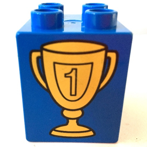 Duplo Brick 2 × 2 × 2 with Trophy Cup Number 1 in Shield Print Blue