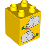 Duplo Brick 2 × 2 × 2 with Two Rabbits Print Yellow