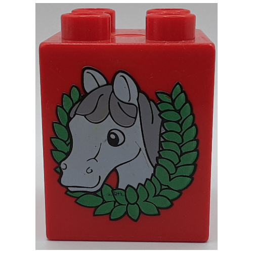Duplo Brick 2 × 2 × 2 with Horse Head and Wreath Print Rot