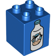 Duplo Brick 2 × 2 × 2 with Milk Bottle with Cow Head Print Blau