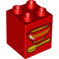 Duplo Brick 2 × 2 × 2 with Bowl and Spoon Print Red