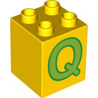 Duplo Brick 2 × 2 × 2 with Green 'Q' Print Yellow