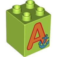 Duplo Brick 2 × 2 × 2 with 'A' and Anchor Print Lime