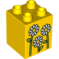 Duplo Brick 2 × 2 × 2 with 3 White Flowers Print Yellow