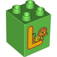 Duplo Brick 2 × 2 × 2 with 'L' and Lion Print Hellgrün