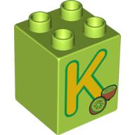 Duplo Brick 2 × 2 × 2 with 'K' and Kiwi Print Lime