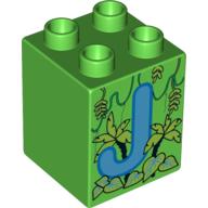 Duplo Brick 2 × 2 × 2 with 'J' and Jungle Print Hellgrün