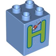 Duplo Brick 2 × 2 × 2 with 'H' and Helicopter Print Medium Blue