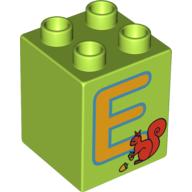 Duplo Brick 2 × 2 × 2 with 'E' and Squirrel Print Lime