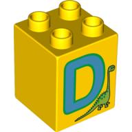 Duplo Brick 2 × 2 × 2 with 'D' and Dinosaur Print Yellow