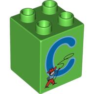 Duplo Brick 2 × 2 × 2 with 'C' and Cowboy Print Bright Green
