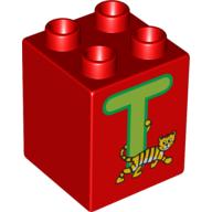 Duplo Brick 2 × 2 × 2 with 'T' and Tiger Print Red