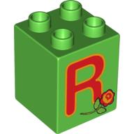 Duplo Brick 2 × 2 × 2 with 'R' and Rose Print Hellgrün