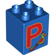Duplo Brick 2 × 2 × 2 with 'P' and Parrot Print Blau