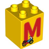 Duplo Brick 2 × 2 × 2 with 'M' and Motorcycle Print Yellow