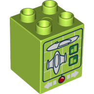 Duplo Brick 2 × 2 × 2 with Computer Screen with Spaceship and White Arrows and Red Button Print Lime